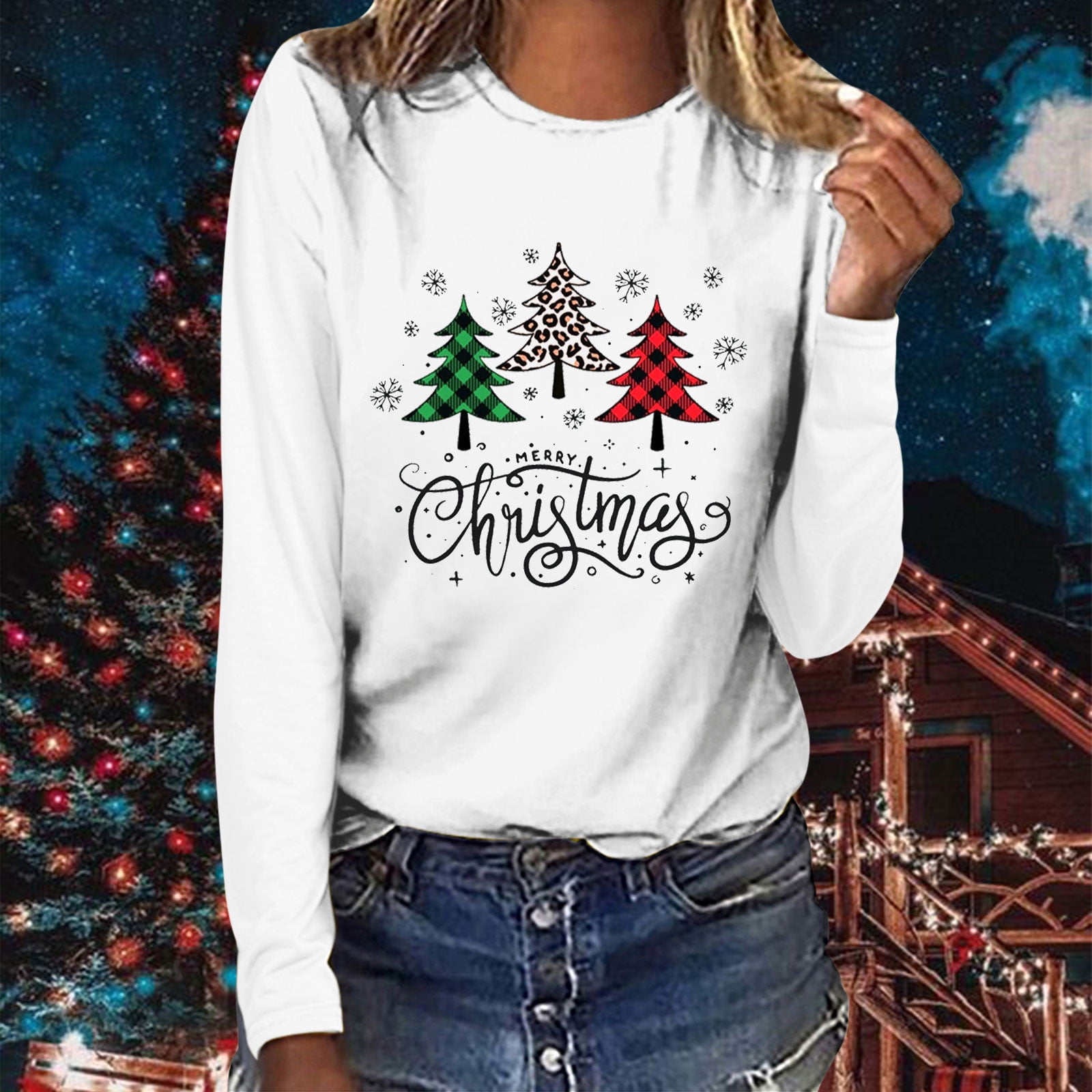 Women’s Long Sleeve Merry Christmas T-Shirt – Cute Christmas Tree Graphic Tee main image 0