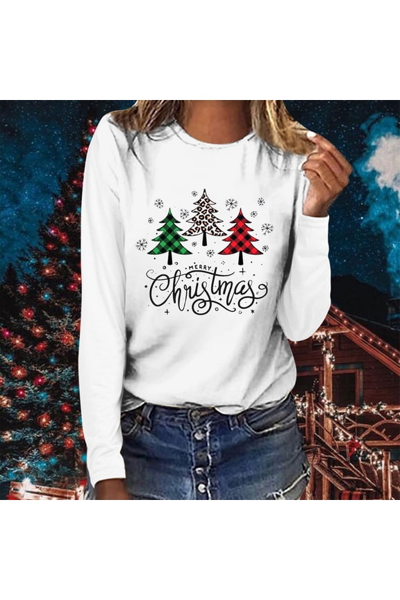 Cyber· Monday Under $5.00 Fayshow0 Ladies Merry Christmas Plaid Print Christmas Tree Casual Long Sleeve Round Neck Top T-Shirt