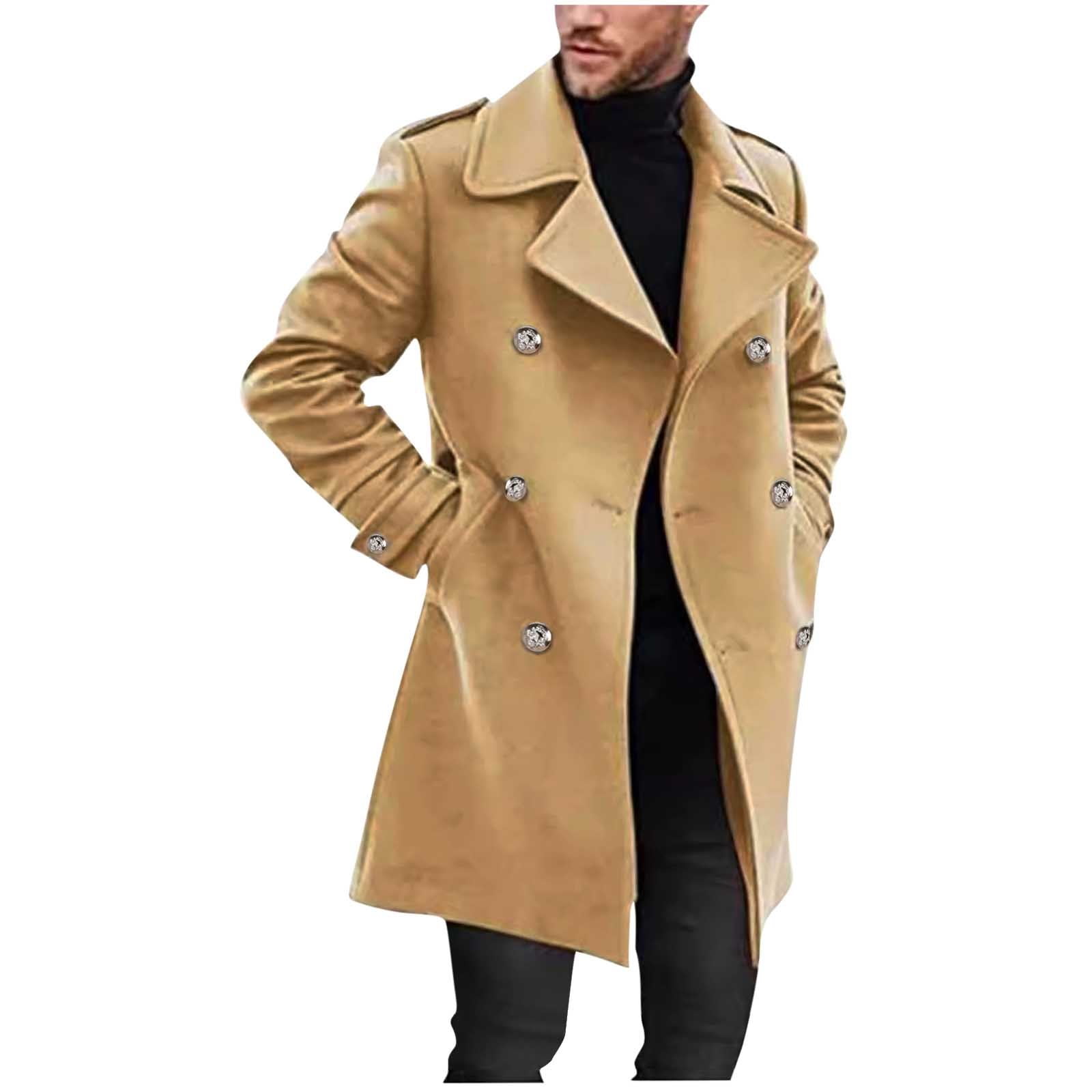 Cyber and Monday Clearance Dagegui Men s Double Breasted Trench Coat Winter Lapel Long Pea Coat with Pocket Solid Color Business Jackets Casual Overcoat Khaki XL Walmart