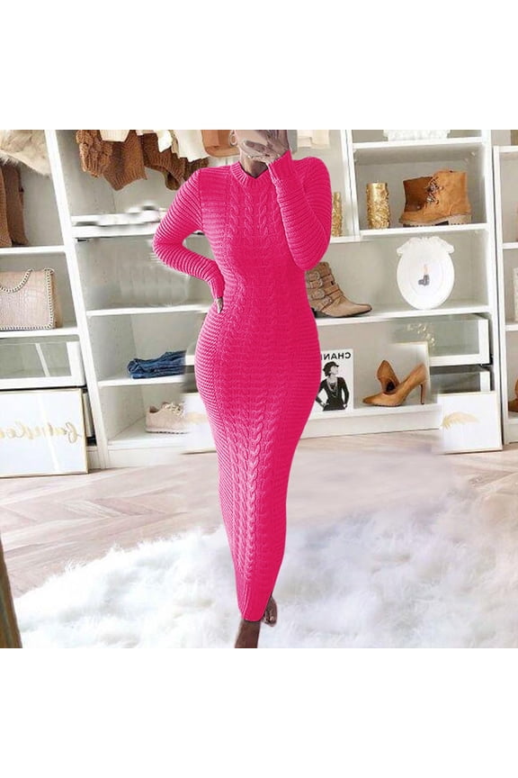 Cyber of Monday Clearance LYXSSBYX Womens Casual Dresses with Sleeves Women Casual Solid Knitting Slimming Hip Wrap Long Sleeve Round-Neck Sweaters Dress