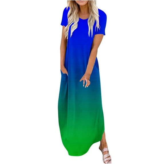 Cyber of Monday Clearance LYXSSBYX Womens Dresses Short Sleeve Clearance Women's Dresses Summer Casual Rounk Neck Short Sleeve Pockets Printing Long Dress