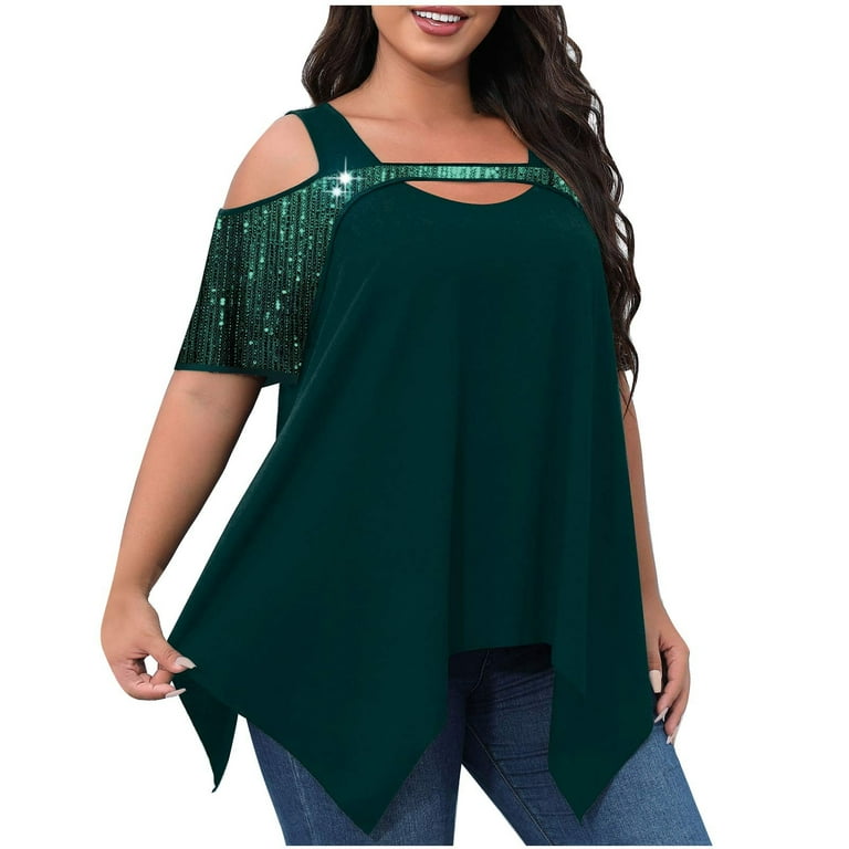 Cyber and Monday Deals 2023 MIANHT Plus Size Dressy Tops Women Irregular  Hem Cutout Flowy Swing ​Blouse Plus Size Cold Shoulder Short Sleeve Shirt  Tunic 