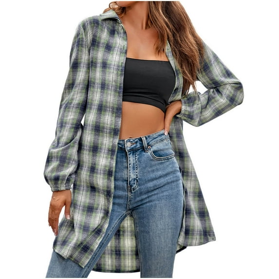 Cyber&Monday Deals 2023 Winter Womens Shirts Jackets Shirt Coats for Women Fall Winter Long Sleeve Lightweight Mid Length Coats Button Down Lapel Classic Plaid Print Jacket with Pocket Up to 65% off