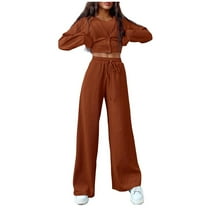 3 Piece Sets for Women Knitted Lounge Sets for Women Winter Casual Solid Comfy Knit Ribbed Cropped Top and Drawstring Wide Leg Pant Matching Sets Sweater Outfit Sets Holiday