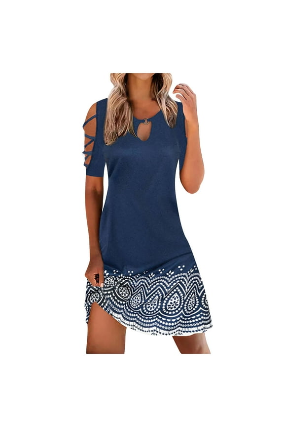 Beach Dresses for Women Casual Summer, Womens Cutout Cold Shoulder Swing T-Shirt Dresses Wings Print Elegant Strappy Midi Tunic Dress Summer Beach Casual Dress