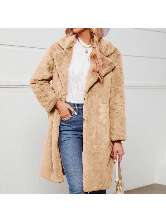Cyber.Monday /Black and Friday Clothing Sales Fayshow0 Womens Ladies Warm Faux Furry Long Coat Jacket Winter Solid Turn Down Collar Outerwear