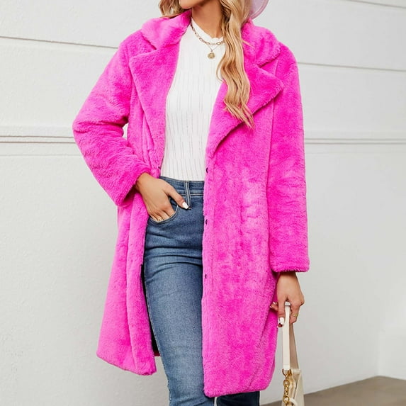 Cyber.Monday Deals/Black and Friday Clothing Sales Clearance Fayshow0 Womens Ladies Warm Faux Furry Long Coat Jacket Winter Solid Turn Down Collar Outerwear
