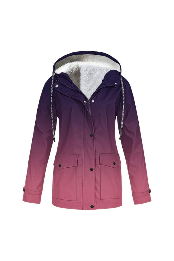 Cyber.Monday /Black and Friday Fur Coats for Women Fayshow0 Women Casaul Printed Jackets Outdoor Plus Size Drawstring Zipper Hooded Raincoat Windproof Tops Coat with Pocket