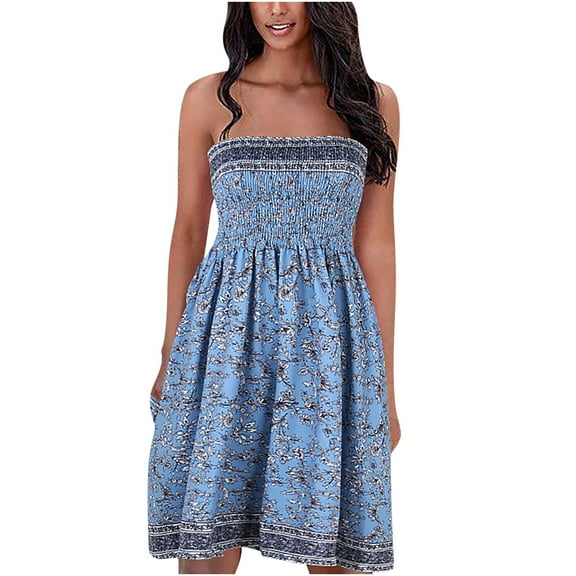 Boho Dress for Women, Mini Smocked Dress for Women Strapless Summer Dresses Beach Cover Up Floral Printed Bohemian Swing A-line Sundress