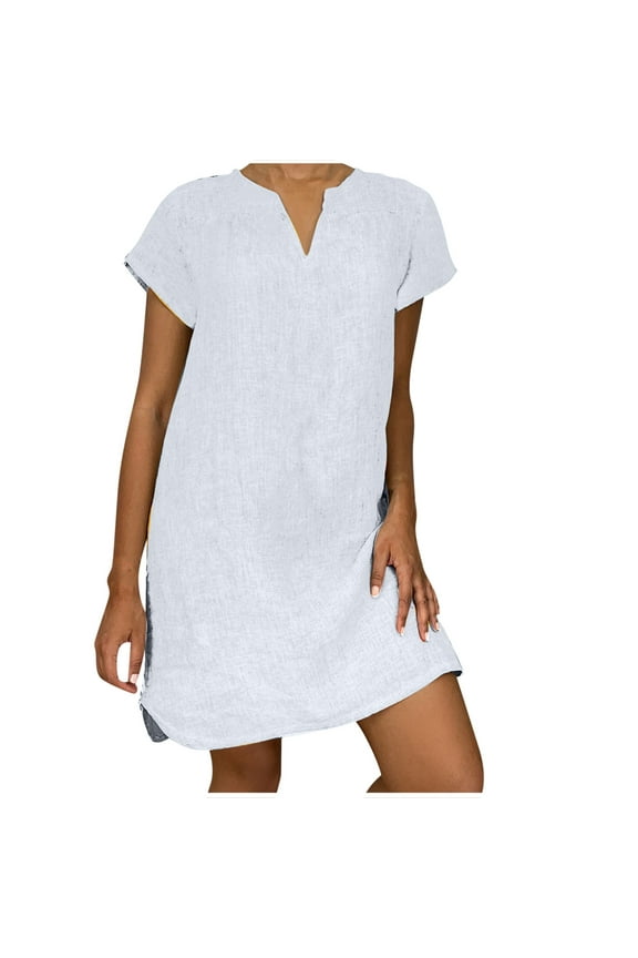 Boho Dress for Women, Women's Shift Dress V-Neck Short Sleeve Cotton Line Dresses Solid Color Loose Fit T-Shirt Tunic Short Dres