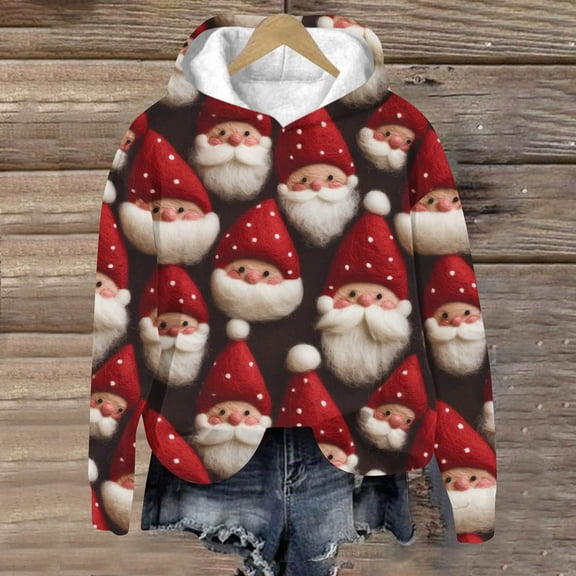 Clear 50% off Wycnly Christmas Sweater Womens Christmas Hoodies Tops Plus Size Girls Cute Santa Claus Print Hooded Sweatshirt Winter Warm Thickened Fleece Pullover Sweate