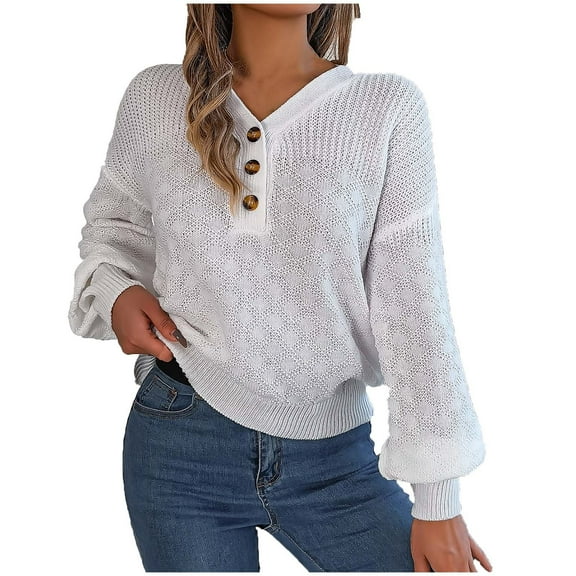 Buigttklop Sweaters for Women Women'S Casual V-Neck Button Hollowed Out Lantern Sleeve Top Sweater Cardigan