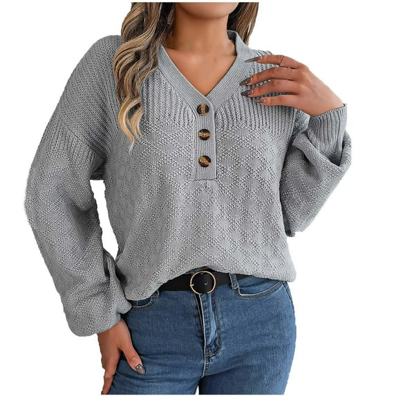 Buigttklop Sweaters for Women Women'S Casual V-Neck Button Hollowed Out Lantern Sleeve Top Sweater Cardigan