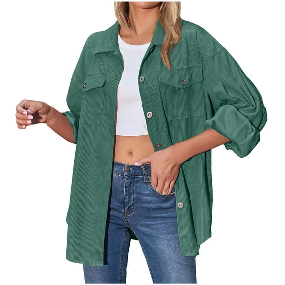 Buigttklop Women'S Casual Lapel Loose Lantern Sleeve Corduroy Shirt Long Sleeve Hoodless Casual Coat/Jacket Army Green