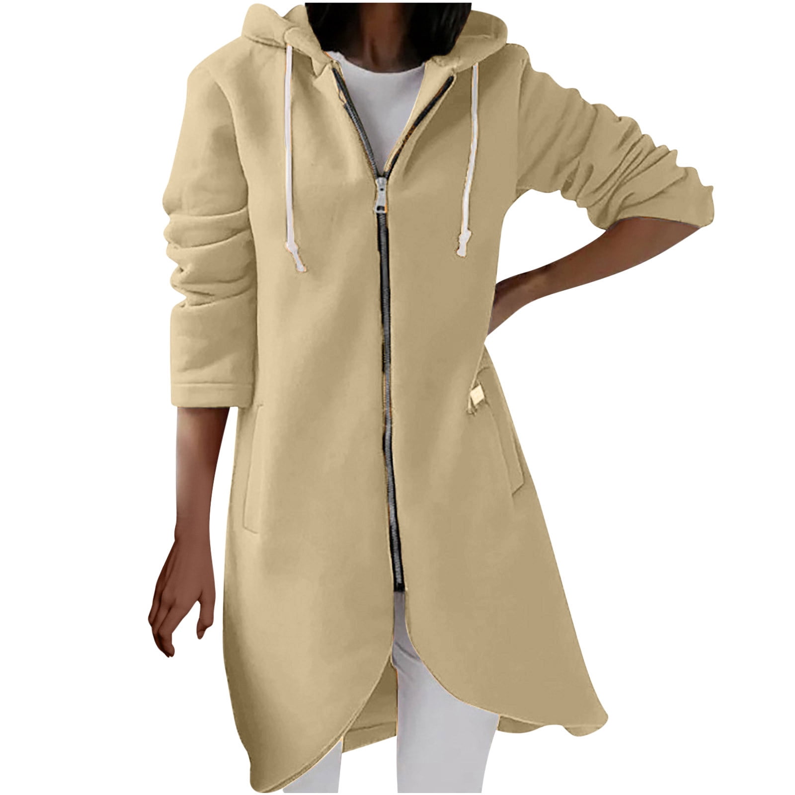 Cyber and Monday Deals Clearance! Zpanxa Womens Winter Jacket Solid Color  Hoodie Coat Zipper Long Sleeve Sweatshirts Irregular Hem Long Coat Tops  with