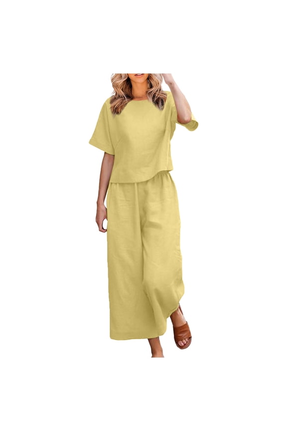 Dyegold 2 Piece Outfits For Women Summer Cotton Linen Short Sleeve Shirts With Wide Leg Pants Summer Plus Size Vacation Sets