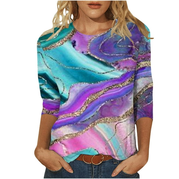 Cyber&Monday Deals Dyegold 3/4 Sleeve Tops For Women Summer Round Neck Dressy Casual Vintage Floral Print Shirts Plus Size Trendy Blouses Tunic