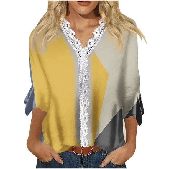 Dyegold Blouses For Women Dressy Casual 3/4 Flare Sleeve Lace Trim V Neck Floral Print Vintage Tunic Tops Loose Fit Shirts