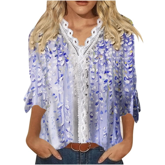 Dyegold Blouses For Women Dressy Casual 3/4 Flare Sleeve Lace Trim V Neck Floral Print Vintage Tunic Tops Loose Fit Shirts