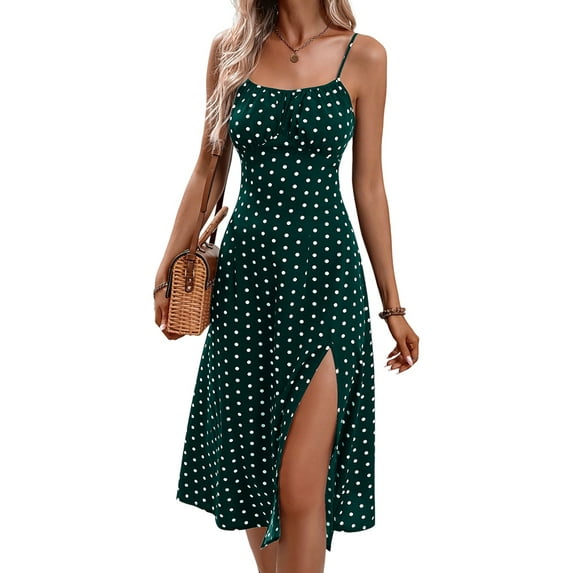 Womens Polka Dot Sundresses Spaghetti Strap Summer Slim Fit Side Slit Midi Dress A Line Beach Dress Green XXL