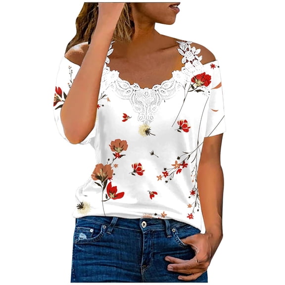 Dyegold Cold Shoulder Tops For Women Short Sleeve V Neck Crochet Lace Shirts Summer Dressy Casual Loose Tunics Blouses Tees