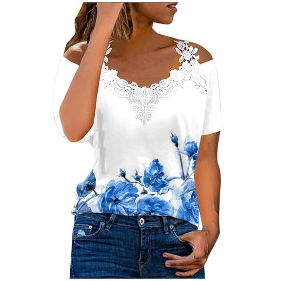 Dyegold Cold Shoulder Tops For Women Short Sleeve V Neck Crochet Lace Shirts Summer Dressy Casual Loose Tunics Blouses Tees