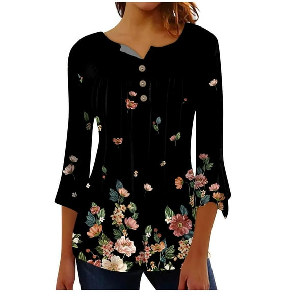 Dyegold Fall Shirts For Women 2023 3/4 Sleeve Pleated Front V Neck Button Down Tops Tunics Vintage Floral Printed Blouses
