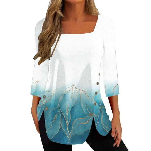 Dyegold Fall Shirts For Women 2023 Side Slit Square Neck Long Sleeve Tops Dressy Casual Floral Print Blouses Loose Tunic Top