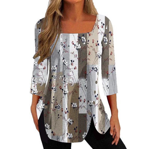 Cyber&Monday Deals Dyegold Fall Tops For Women 2023 Trendy Long Sleeve Shirts Casual Loose Floral Tunics Fashion Slit Button Square Neck Blouse