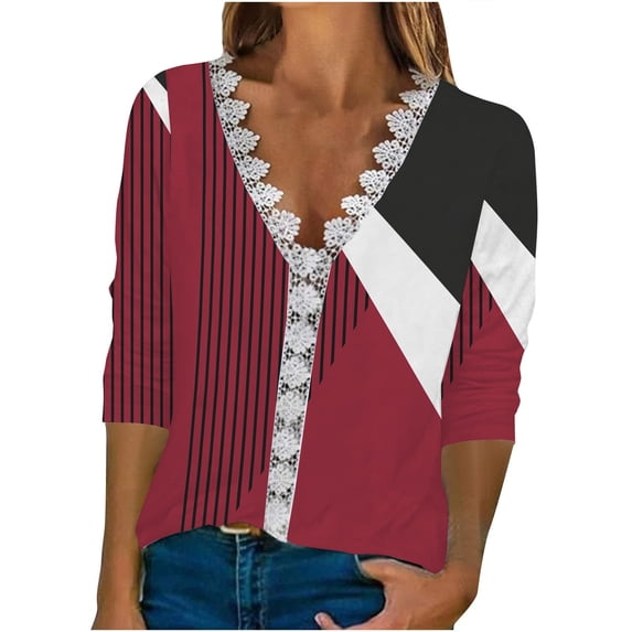 Dyegold Casual Long Sleeve Tops For Women Fashion Fall 2023 V Neck Lace Trim Sexy Blouses Floral Printed Shirts Loose Tshirt