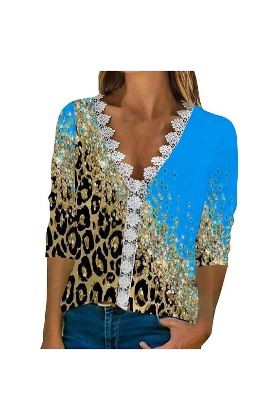 Dyegold Fall Tops For Women 2023 Trendy Long Sleeve Shirts Dressy Casual V-Neck Leopard Color Block Tunics Top Loose Blouses