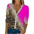 thumbnail image 1 of Dyegold Fall Tops For Women 2023 Trendy Long Sleeve Shirts Dressy Casual V-Neck Leopard Color Block Tunics Top Loose Blouses, 1 of 5