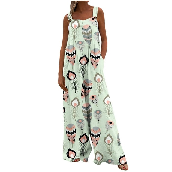 Cyber&Monday Deals Dyegold Jumpsuits for Women Casual, Stretchy Jumpsuits for Women Ethnic Feather Print Summer Loose Casual Bib Long Pants Sleeveless Square Neck Rompers