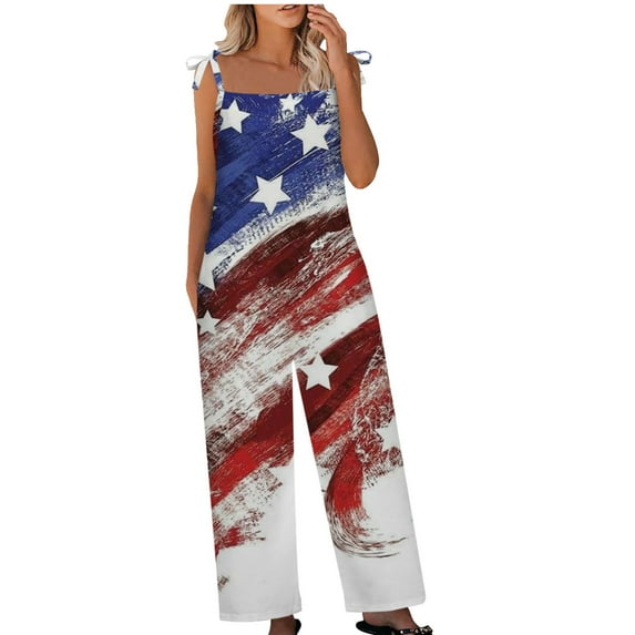 Cyber&Monday Deals Dyegold Jumpsuits for Women Casual, Womens Jumpsuits USA Flag Patriotic Casual Wide Leg Playsuit Overalls Summer 4th July Sleeveless Square Neck Rompers