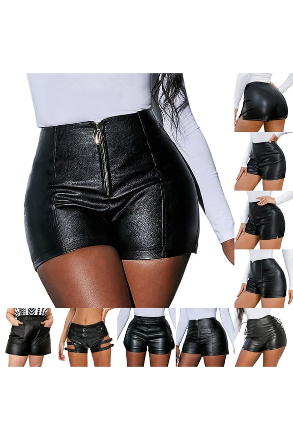Dyegold Leather Shorts For Women Summer Casual High Waisted Black PU Leather Stretchy Sexy Hot Pants Faux Leather Shorts