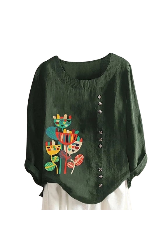 Dyegold Linen Tops For Women Fall Fashion 2023 Long Sleeve Button Shirts Plus Size Dandelion Graphic Crewneck Blouses Tunics