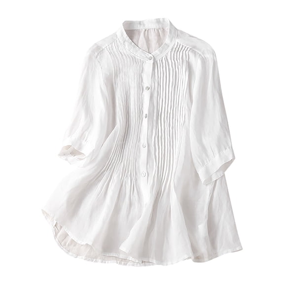 Dyegold Linen Tops For Women Summer Casual Half Sleeve Blouses Floral Print Loose Round Neck Shirts Plus Size Vintage Tunics