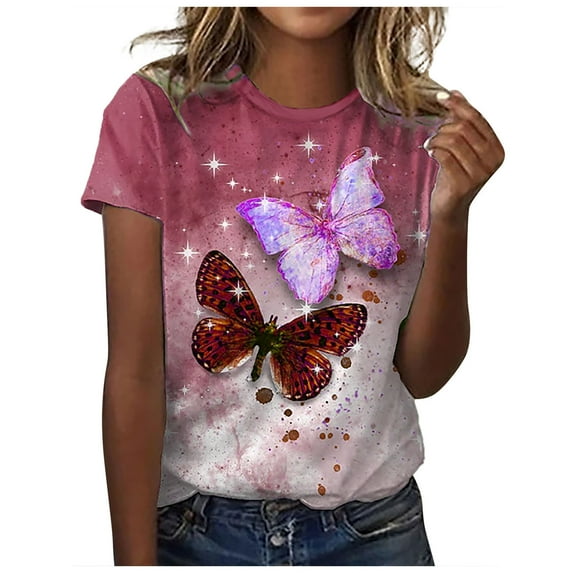 Dyegold Printed T Shirts For Women Short Sleeve Round Neck Vintage Graphic Tee Shirts Summer Casual Loose Fit Tops Blouses