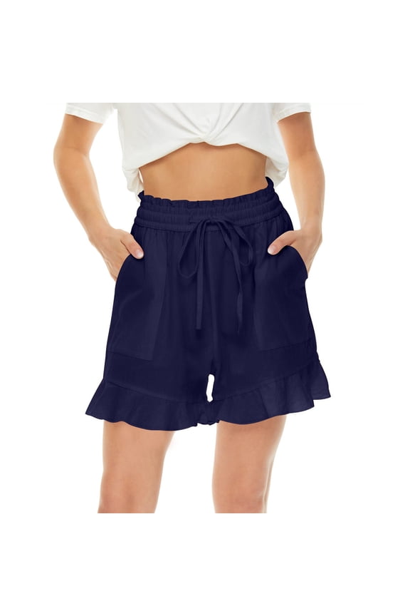 Dyegold Ruffle Shorts For Women Drawstring Elastic Waist Linen Shorts High Waisted Wide Leg Flowy Short Pants With Pockets
