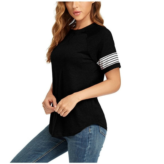 Dyegold Summer Tops for Women 2023, Blouses for Women Dressy Casual Summer Striped Color Block Cute Flowy Tops Tunics Round Neck Short Sleeve Henley Shirt