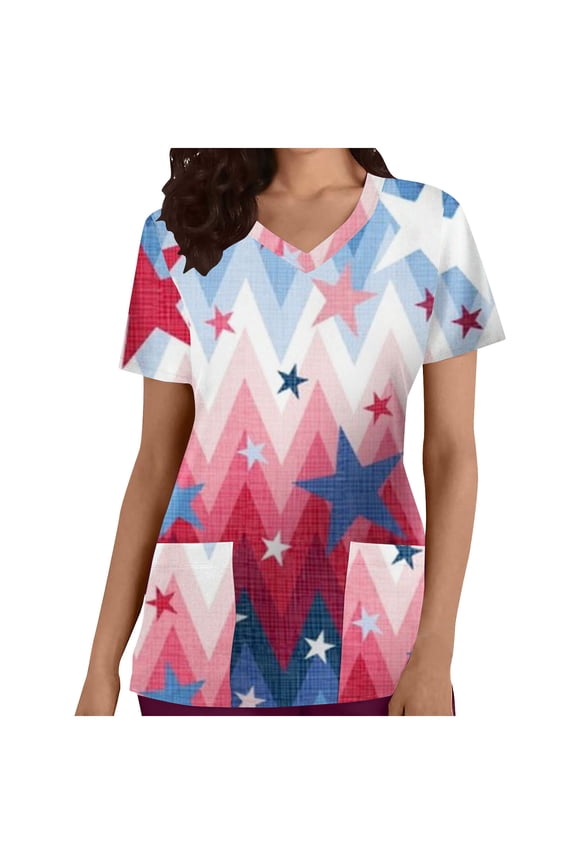 Dyegold Summer Tops for Women 2023 Trendy, Ladies Summer Scrubs Tops Patriotic American Flag Tees Shirt V-Neck Short Sleeve Blouses Nusing Uniform Comfy ​Tunic