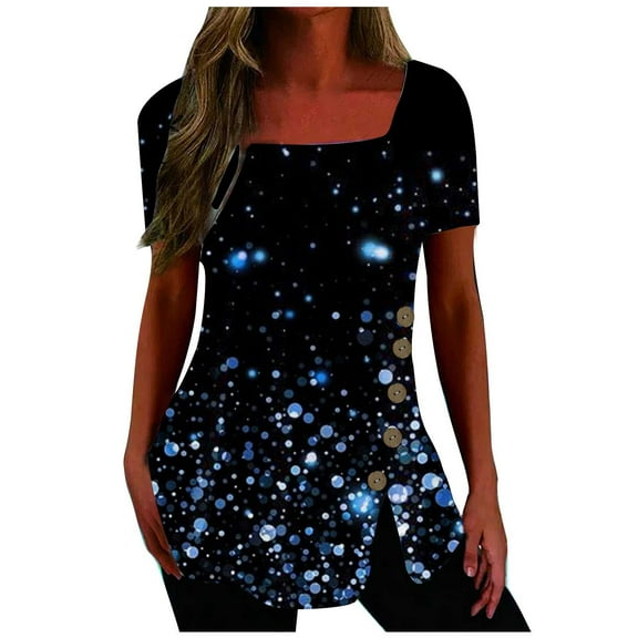Dyegold Summer Tops for Women 2023 Trendy, Womens Summer Tops Dressy Casual Geometric Print Vintage Tshirt Square Neck Short Sleeve Split Button Blouses Tunic