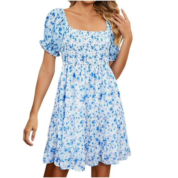 Dyegold Sun Dresses Women Summer Casual Short Sleeve Boho Ruffle Flowy Swing Mini Sundresses for Women Floral Print Plus Size Dress for Women V Neck Graduation Dress