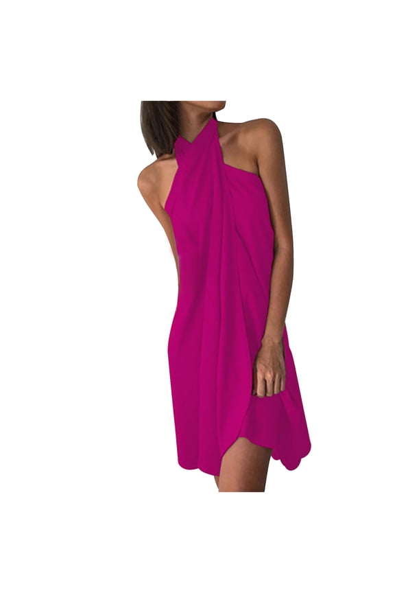 Dyegold Sundresses for Women Casual Beach - Beach Wedding Guest Dresses for Women Halter Neck Sleeveless Backless Solid Color Midi Sundress ​Summer Beach ​​Dress