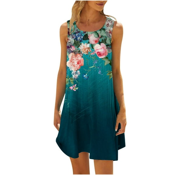 Dyegold Sundresses for Women Casual Beach - Summer Dresses Womens Round Neck Sleeveless Floral Print Shirt Mini Sun Dresses ​Hawaiian Beach ​Holiday ​Short Dresses