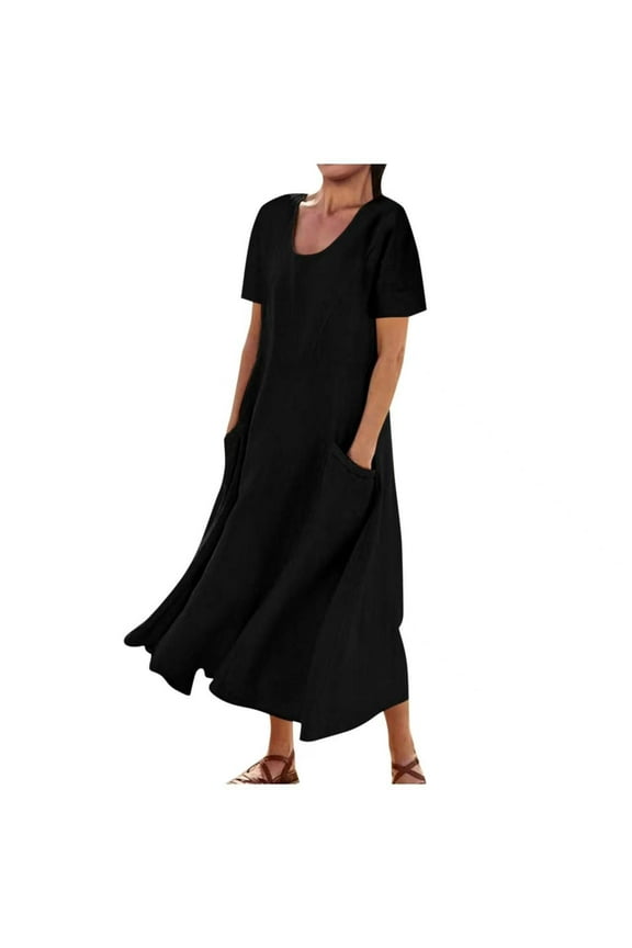 Dyegold Sundresses for Women Casual Summer - Sun Dress Womens Round Neck Sleeveless Solid Color Cotton Linen Loose Fit Summer Beach Graduation Maxi ​​Sundresses