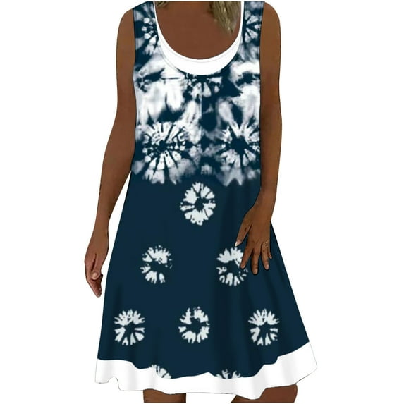 Dyegold Sundresses for Women Plus Size Plus Size Summer Dresses for Women Beach U-Neck Sleeveless Fake Two Pieces Dress Party T-Shirt Midi Loose Dress