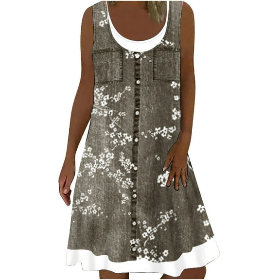 Dyegold Sundresses for Women Plus Size Plus Size Summer Dresses for Women Beach U-Neck Sleeveless Fake Two Pieces Dress Party T-Shirt Midi Loose Dress