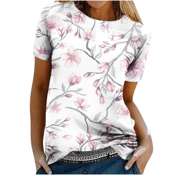 Dyegold Woman Shirts Vintage Graphic Tee Shirts Floral Printed Short Sleeve Crewneck Blouses Tops Summer Casual Loose Tunics