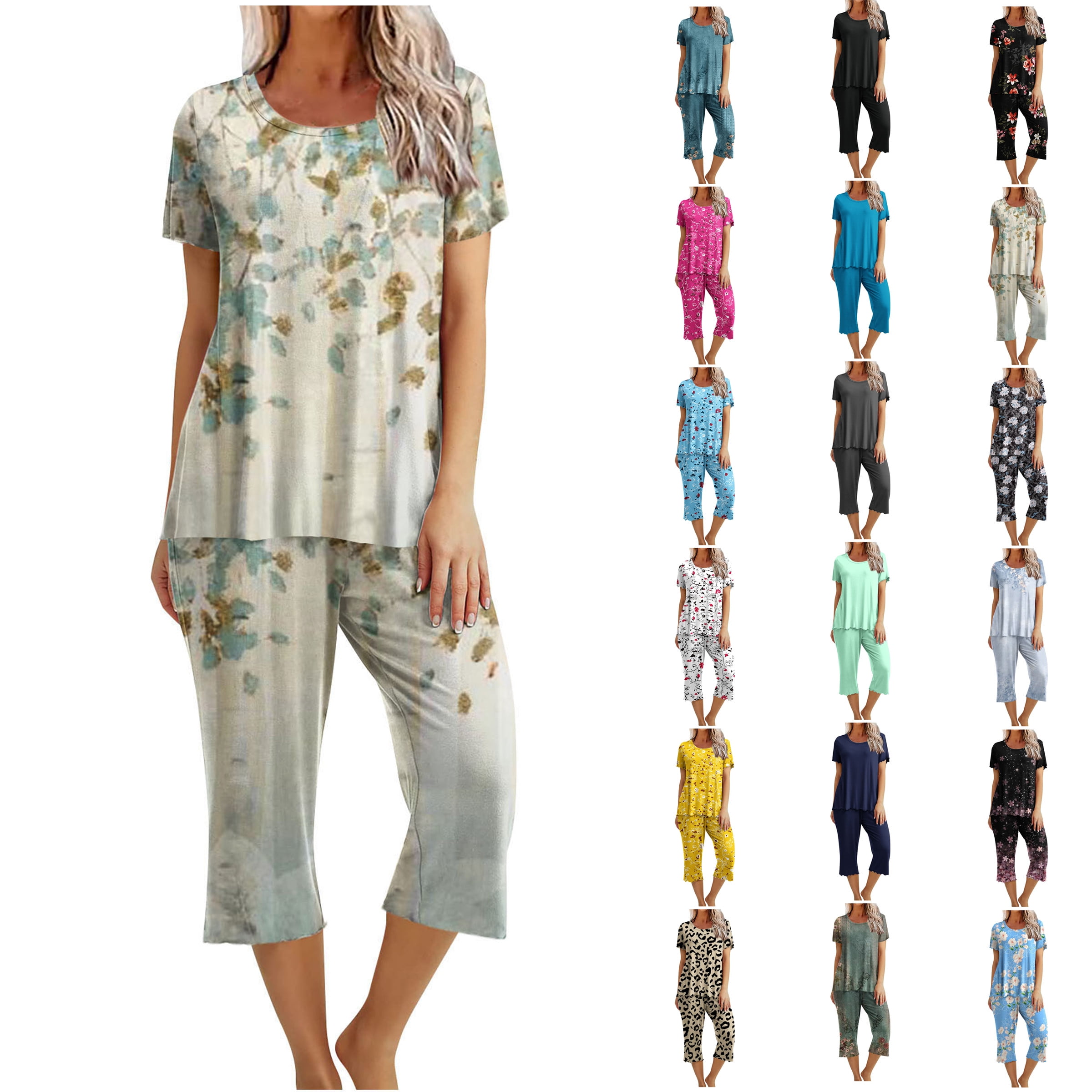 Cyber&Monday Deals Dyegold Women's Capri Pajama Set Short Sleeve Shirt